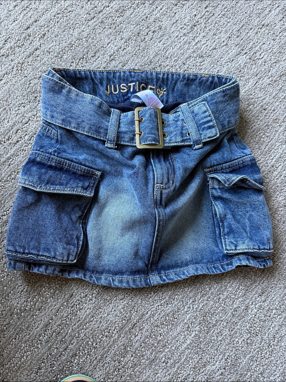 Justice Faded Blue Denim Cargo Mini Skort with Belt